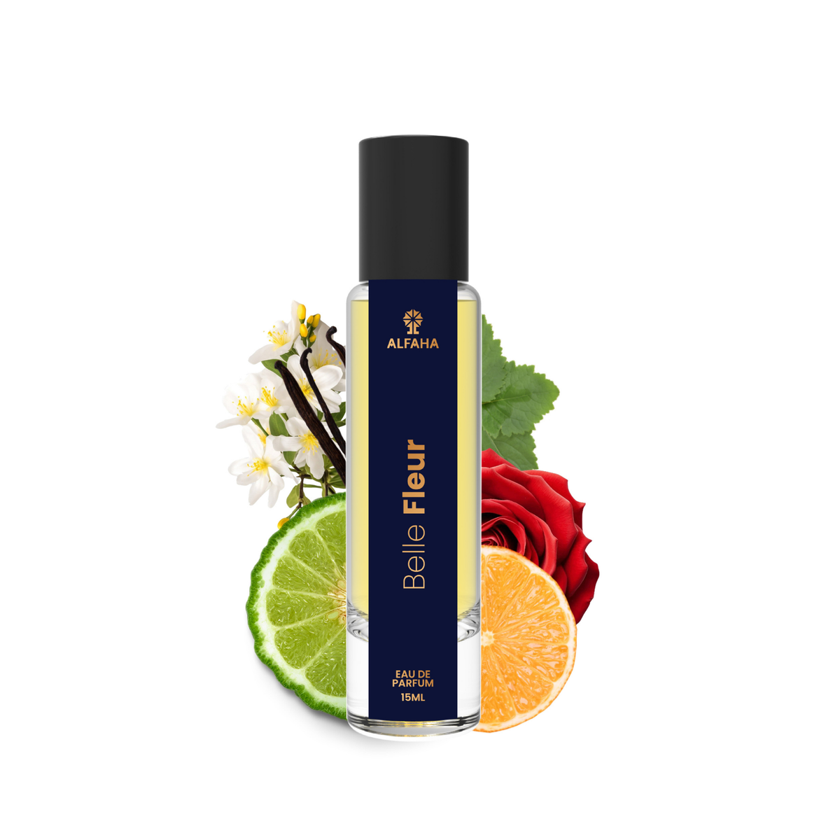 ALFAHA™ Belle Fleur Eau De Parfum 15ml bottle – a fresh, citrus-floral fragrance for women, designed for everyday elegance and long-lasting wear.