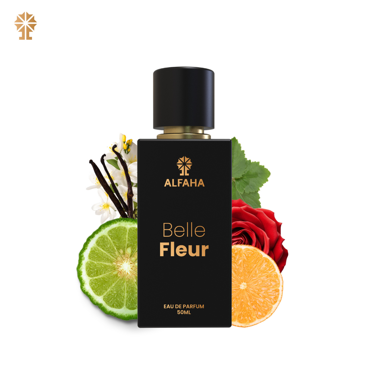 ALFAHA™ Belle Fleur Eau De Parfum 50ml bottle – a fresh, citrus-floral fragrance for women, designed for everyday elegance and long-lasting wear.