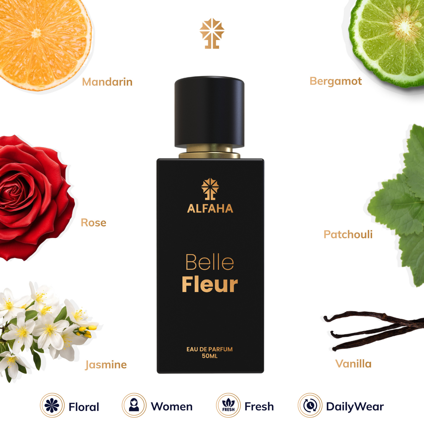 ALFAHA™ Belle Fleur – highlighting top notes of bergamot and Mandarin, heart notes of rose and jasmine, and a base of patchouli, and vanilla for a fresh, elegant fragrance.
