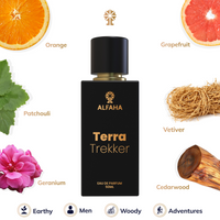 Terra Trekker fragrance profile – opens with energetic notes of grapefruit, pink pepper, and orange, followed by earthy geranium and patchouli, and settles into a rugged foundation of vetiver, cedarwood, benzoin, and gunpowder.