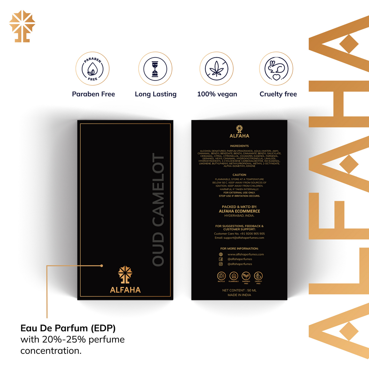 ALFAHA™ Oud Camelot packaging – a luxurious and powerful design for the sophisticated, modern man in a position of authority.