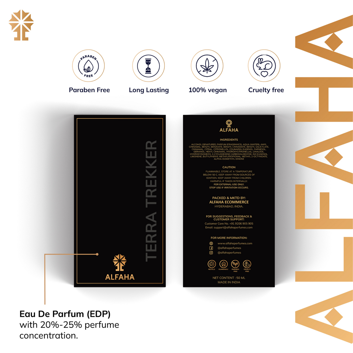 ALFAHA™ Terra Trekker packaging – a bold and energizing fragrance designed to accompany every outdoor adventure with earthy and woody notes.