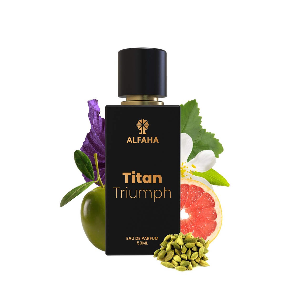 ALFAHA™ Titan Triumph Eau De Parfum 50ml bottle – a sophisticated fragrance that combines freshness with woody depth, designed for confident men.