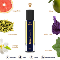 Titan Triumph fragrance profile – opens with refreshing Grapefruit and Marine notes, transitions into Violet, Orange Blossom, and Cardamom, and settles with Guaiac Wood, Amber, and Olive Tree.