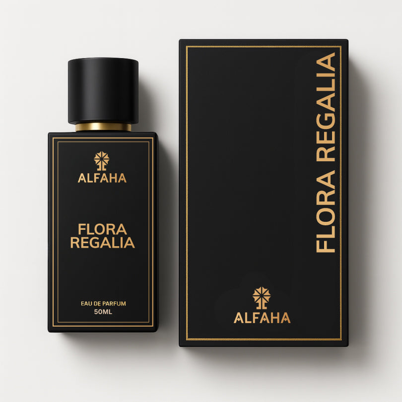 Flora Regalia by ALFAHA – 50ml women’s perfume bottle and box, floral musky Eau de Parfum on white background