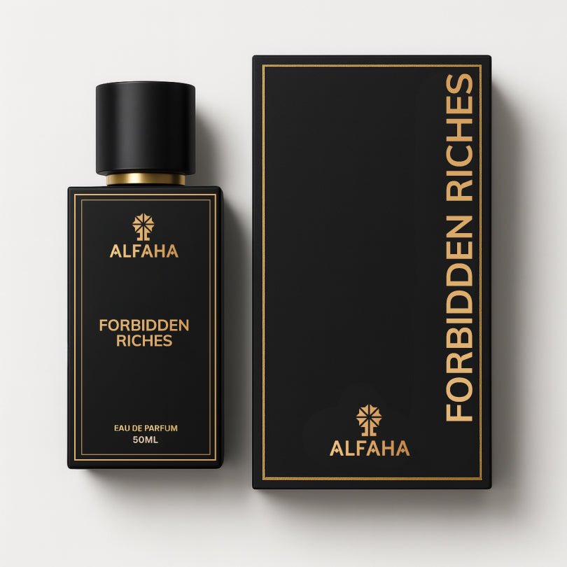 Forbidden Riches by ALFAHA – 50ml men's perfume bottle and box, ambery woody Eau de Parfum on white background
