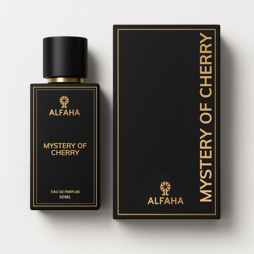 Mystery of Cherry by ALFAHA – 50ml women’s perfume bottle and box, fruity floral Eau de Parfum on white background