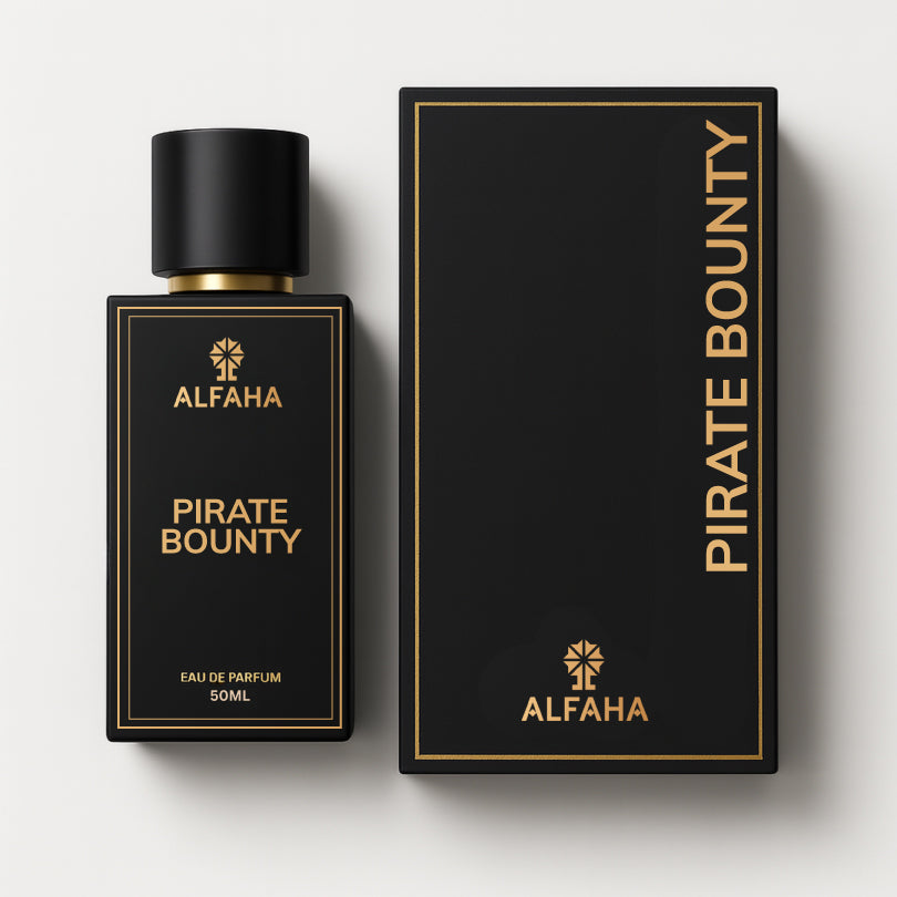 Pirate Bounty by ALFAHA – 50ml men’s perfume bottle and box, spicy woody Eau de Parfum on white background
