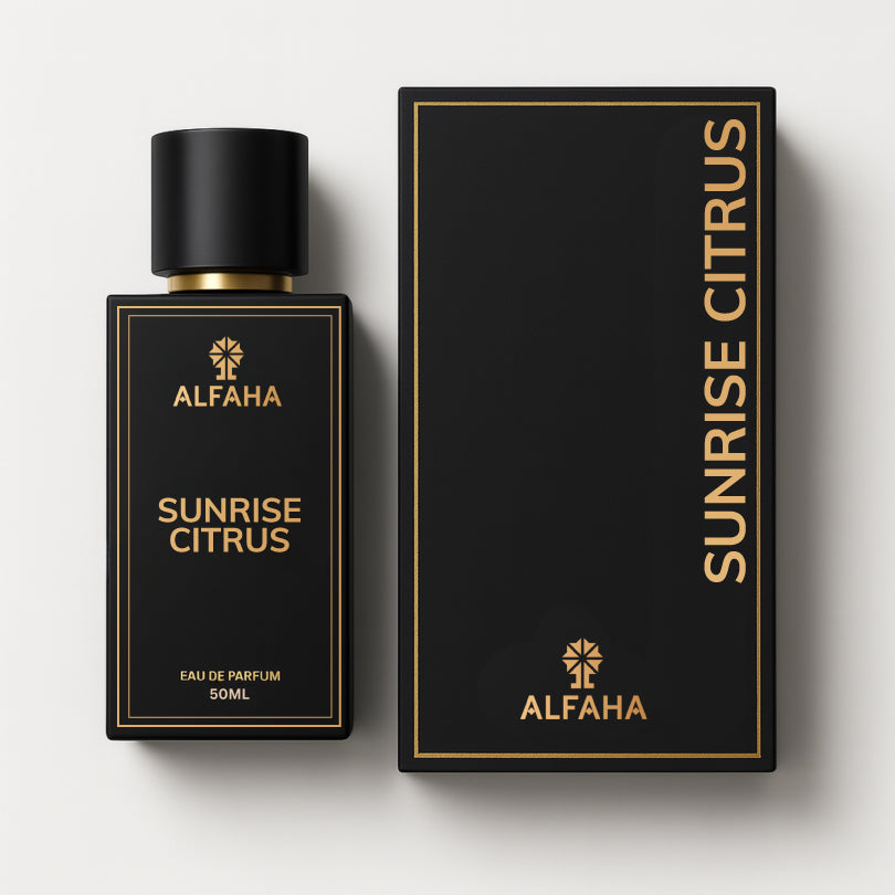 Sunrise Citrus by ALFAHA – 50ml unisex perfume bottle and box, fresh citrus Eau de Parfum on white background