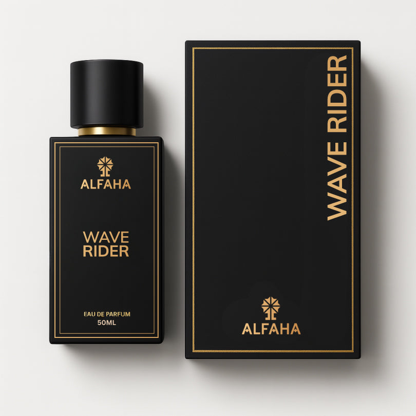 Wave Rider by ALFAHA – 50ml men’s perfume bottle and box, aquatic fresh Eau de Parfum on white background