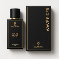 Wave Rider by ALFAHA – 50ml men’s perfume bottle and box, aquatic fresh Eau de Parfum on white background