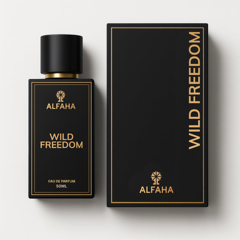 Wild Freedom by ALFAHA – 50ml women’s perfume bottle and box, aromatic fougère Eau de Parfum on white background