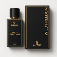 Wild Freedom by ALFAHA – 50ml women’s perfume bottle and box, aromatic fougère Eau de Parfum on white background