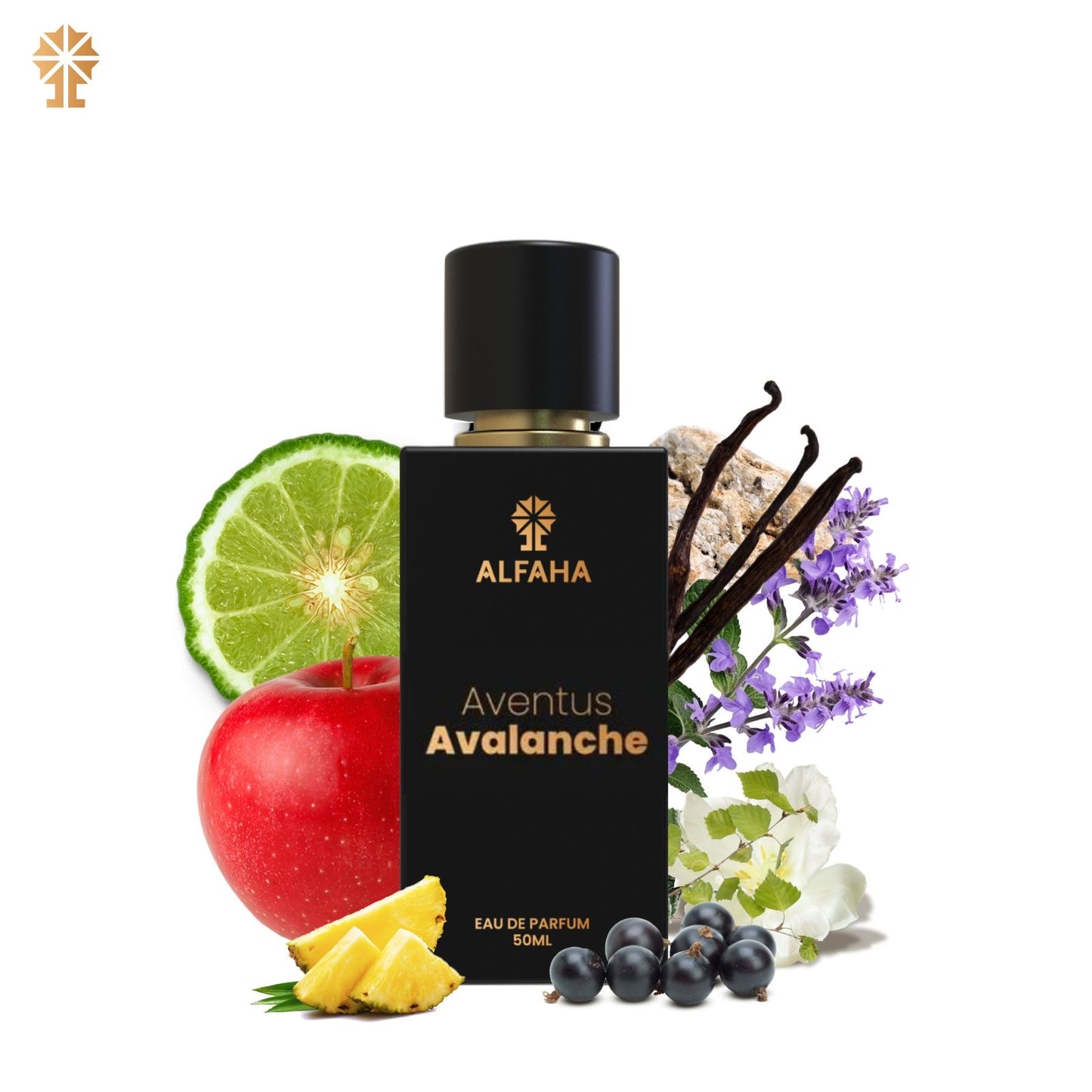 ALFAHA™ Aventus Avalanche Eau De Parfum 50ml bottle – a sophisticated fragrance for the modern man, designed to define a powerful professional presence with a blend of fruity and woody notes.