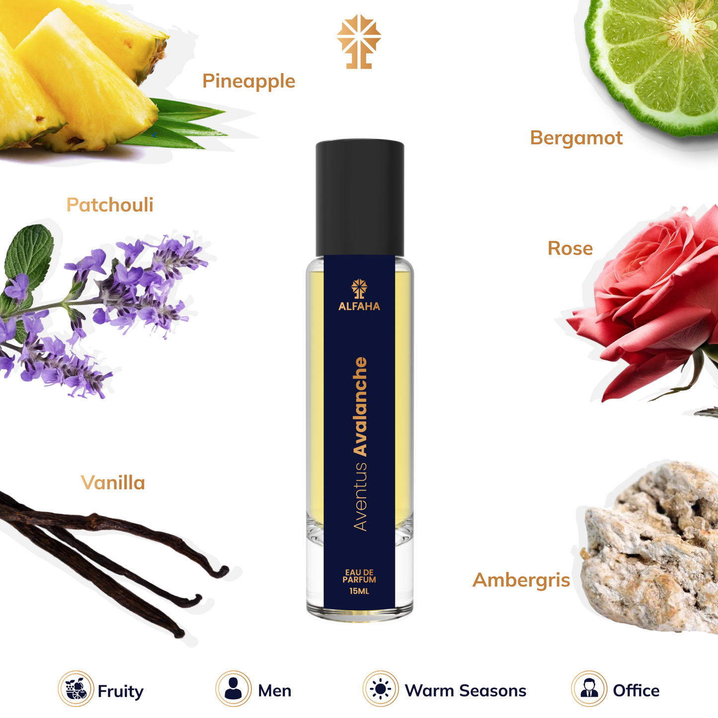 ALFAHA™ Aventus Avalanche – a dynamic top of pineapple, bergamot, blackcurrant, and apple, followed by a complex heart of birch, patchouli, jasmine, rose, and musk, with a base of musk, oakmoss, vanilla, and ambergris.