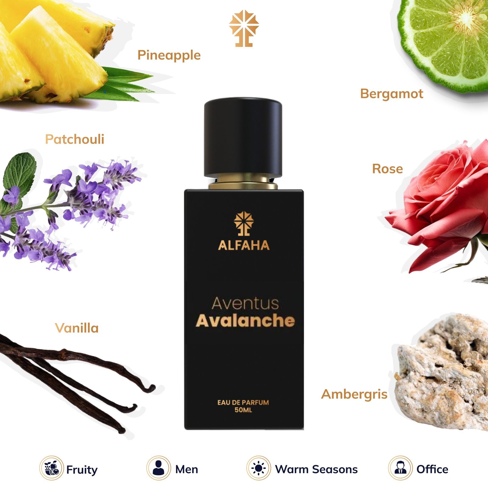 Scent profile of ALFAHA™ Aventus Avalanche – a dynamic top of pineapple, bergamot, blackcurrant, and apple, followed by a complex heart of birch, patchouli, jasmine, rose, and musk, with a base of musk, oakmoss, vanilla, and ambergris.