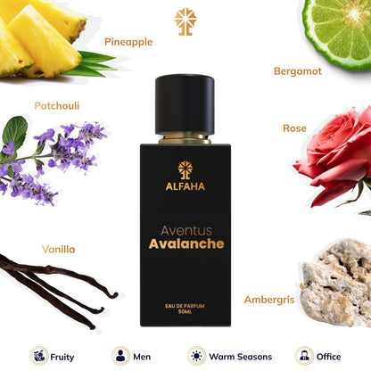 Scent profile of ALFAHA™ Aventus Avalanche – a dynamic top of pineapple, bergamot, blackcurrant, and apple, followed by a complex heart of birch, patchouli, jasmine, rose, and musk, with a base of musk, oakmoss, vanilla, and ambergris.