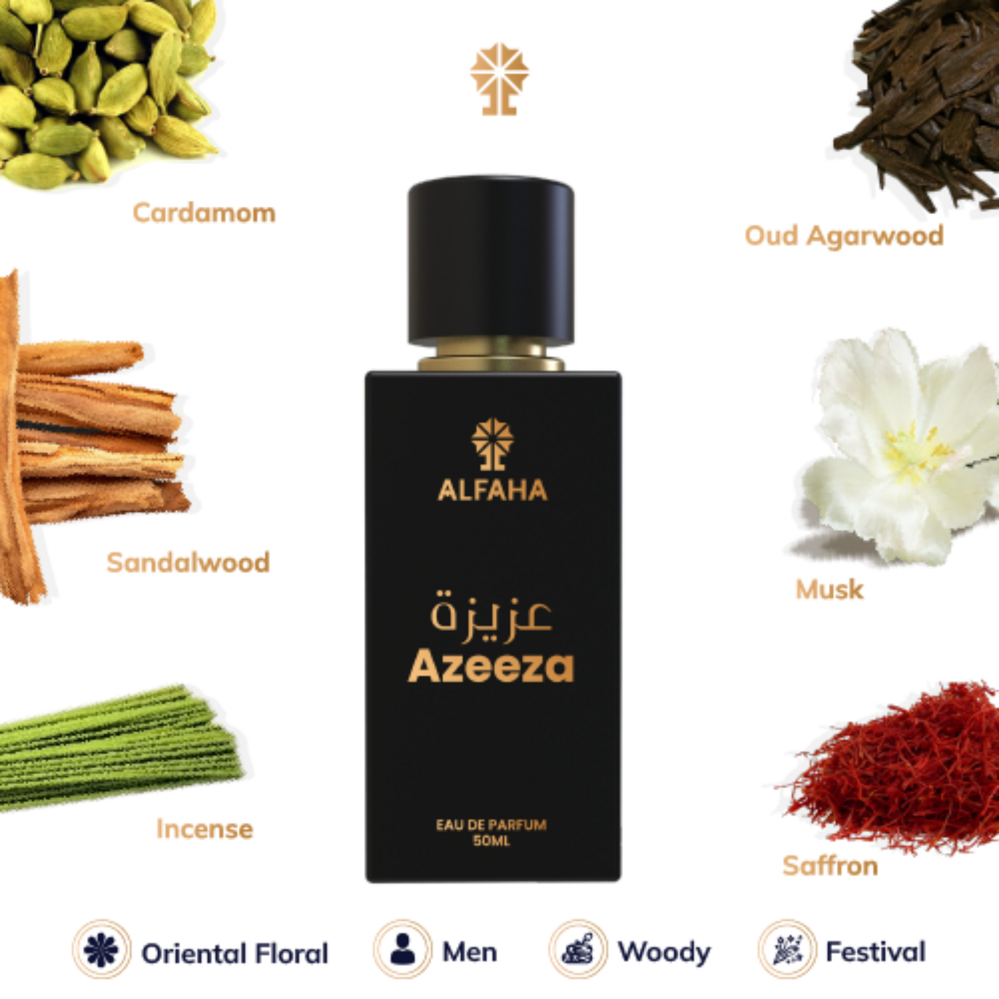 Azeeza fragrance profile – opens with rose, saffron, and cardamom, followed by a heart of incense, and settles into a base of musk, oud, and sandalwood.