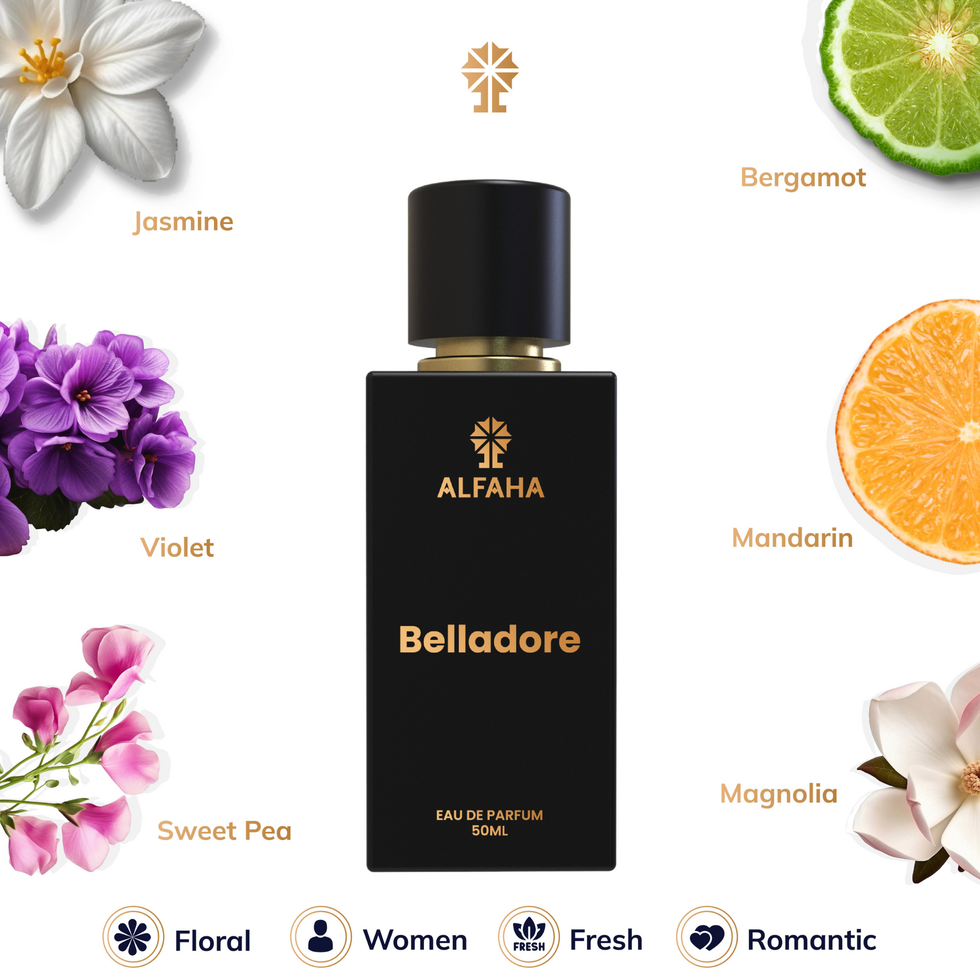 ALFAHA™ Belladore – showcasing top notes of bergamot and mandarin, heart notes of violet and jasmine, and base notes of orchid and sweet pea for a romantic, long-lasting fragrance.