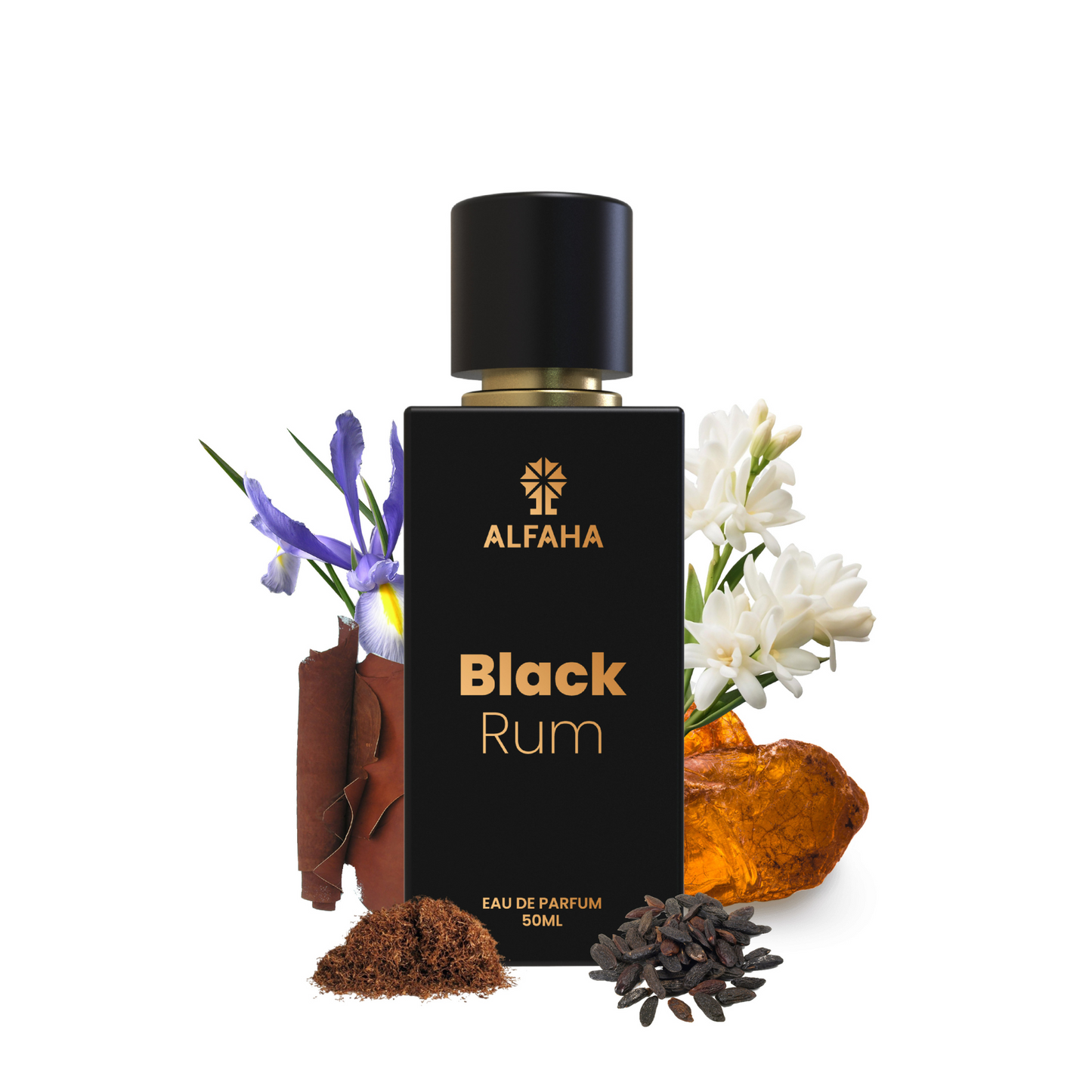 ALFAHA™ Black Rum Eau De Parfum 50ml bottle – a bold, spicy and woody fragrance for men, crafted for long-lasting impact and unforgettable nightlife experiences.