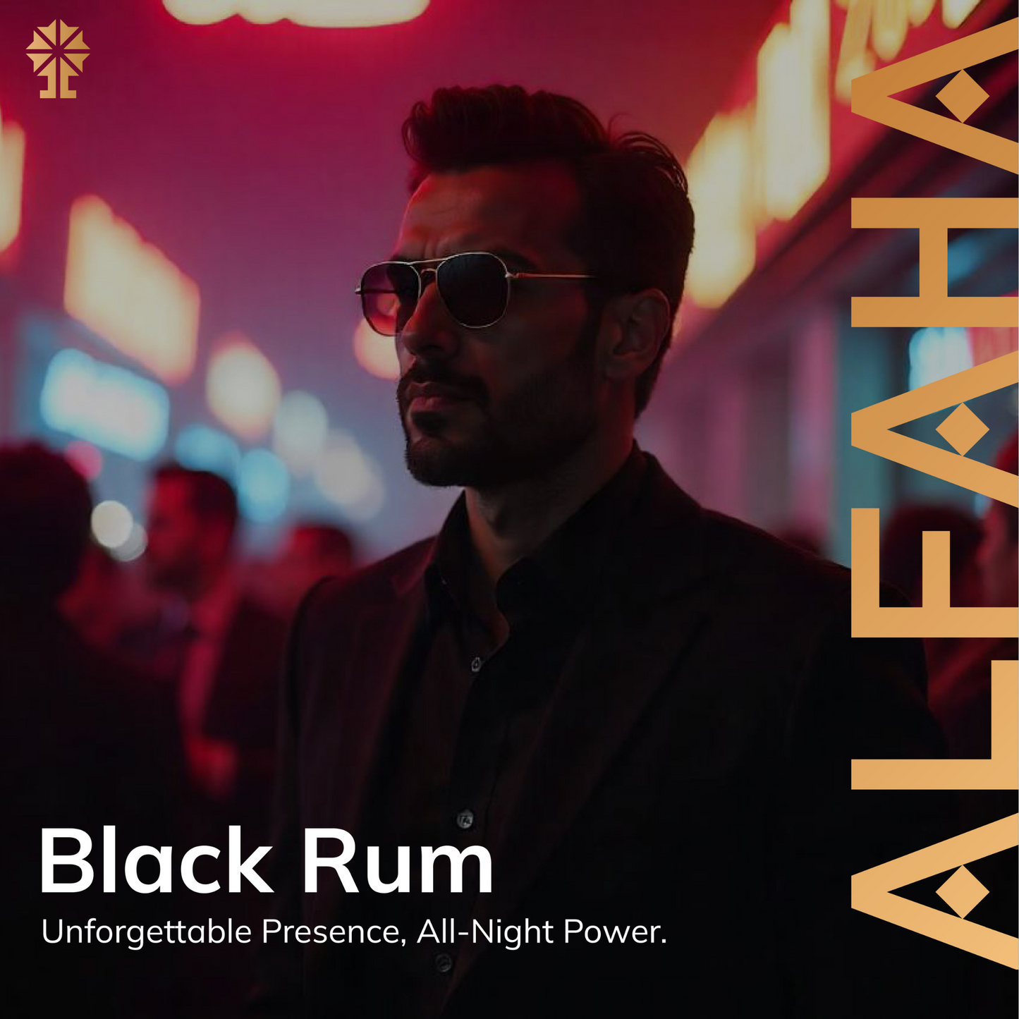 - ALFAHA™ Black Rum Eau De Parfum in a nightlife setting, ideal for men who enjoy bold, spicy scents with leather and smoky notes, designed to make a statement in any evening event.