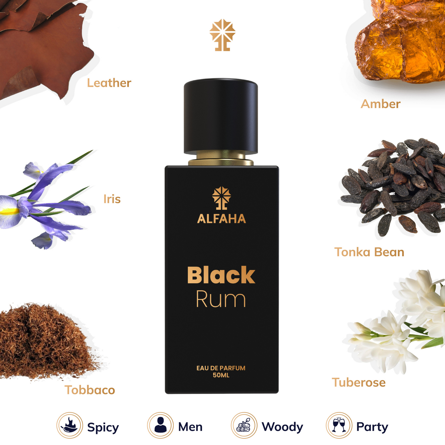 ALFAHA™ Black Rum – with top notes of dark rum and Tuberose, a heart of leather and Iris, and a powerful base of tonka bean, tobacco, and amber for a bold, adventurous fragrance.