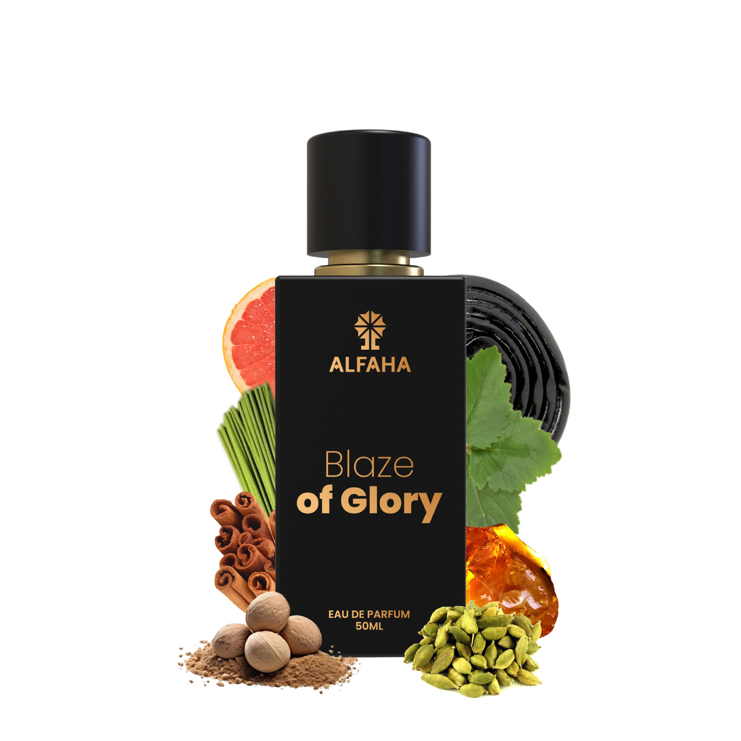 ALFAHA™ Blaze of Glory Eau De Parfum 50ml bottle – a bold, spicy-sweet fragrance for men, crafted for long-lasting allure on date nights and evening adventures.