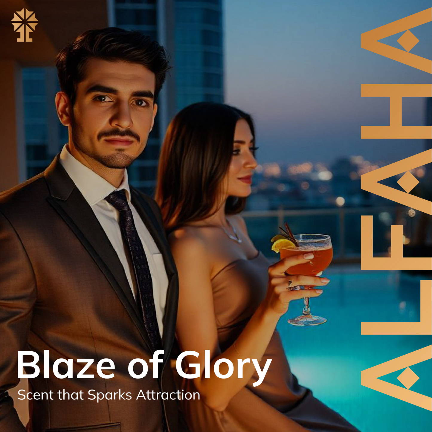 ALFAHA™ Blaze of Glory Eau De Parfum in an evening lifestyle setting, perfect for date nights with its spicy, sweet profile that captivates attention and admiration.