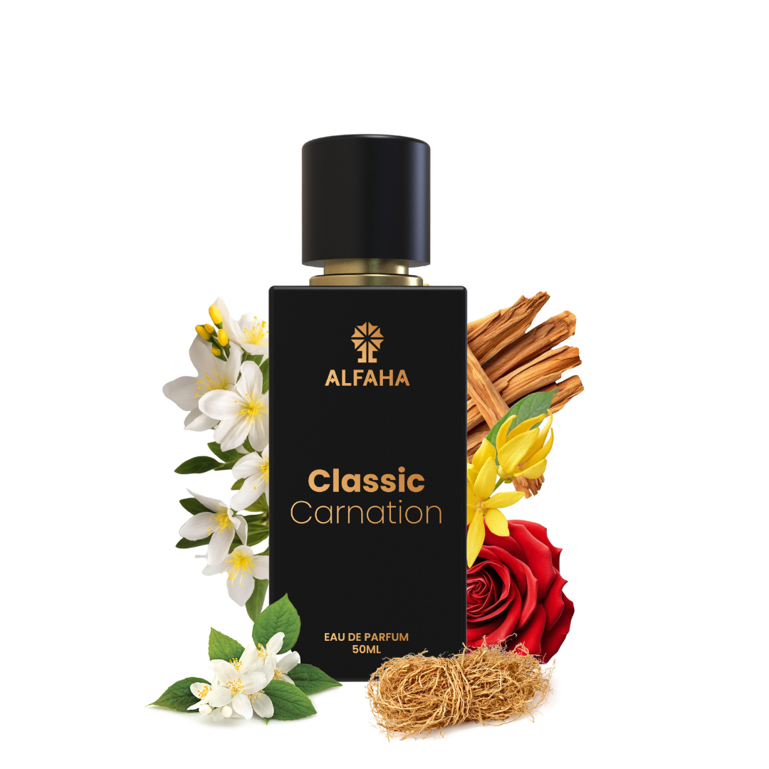 ALFAHA™ Classic Carnation Eau De Parfum 50ml bottle – an elegant floral-woody fragrance for women, perfect for daily wear and professional settings with lasting sophistication.