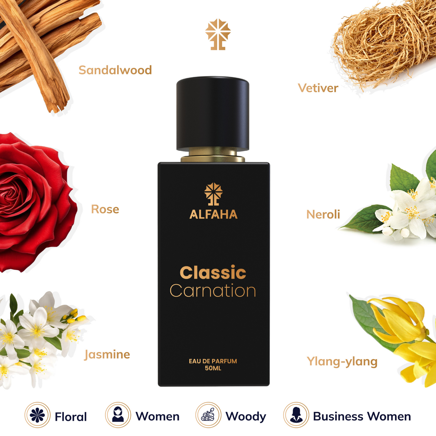 ALFAHA™ Classic Carnation – featuring rose  top notes, a floral heart of jasmine, neroli, and ylang-ylang, and a warm base of vetiver and sandalwood for timeless elegance.