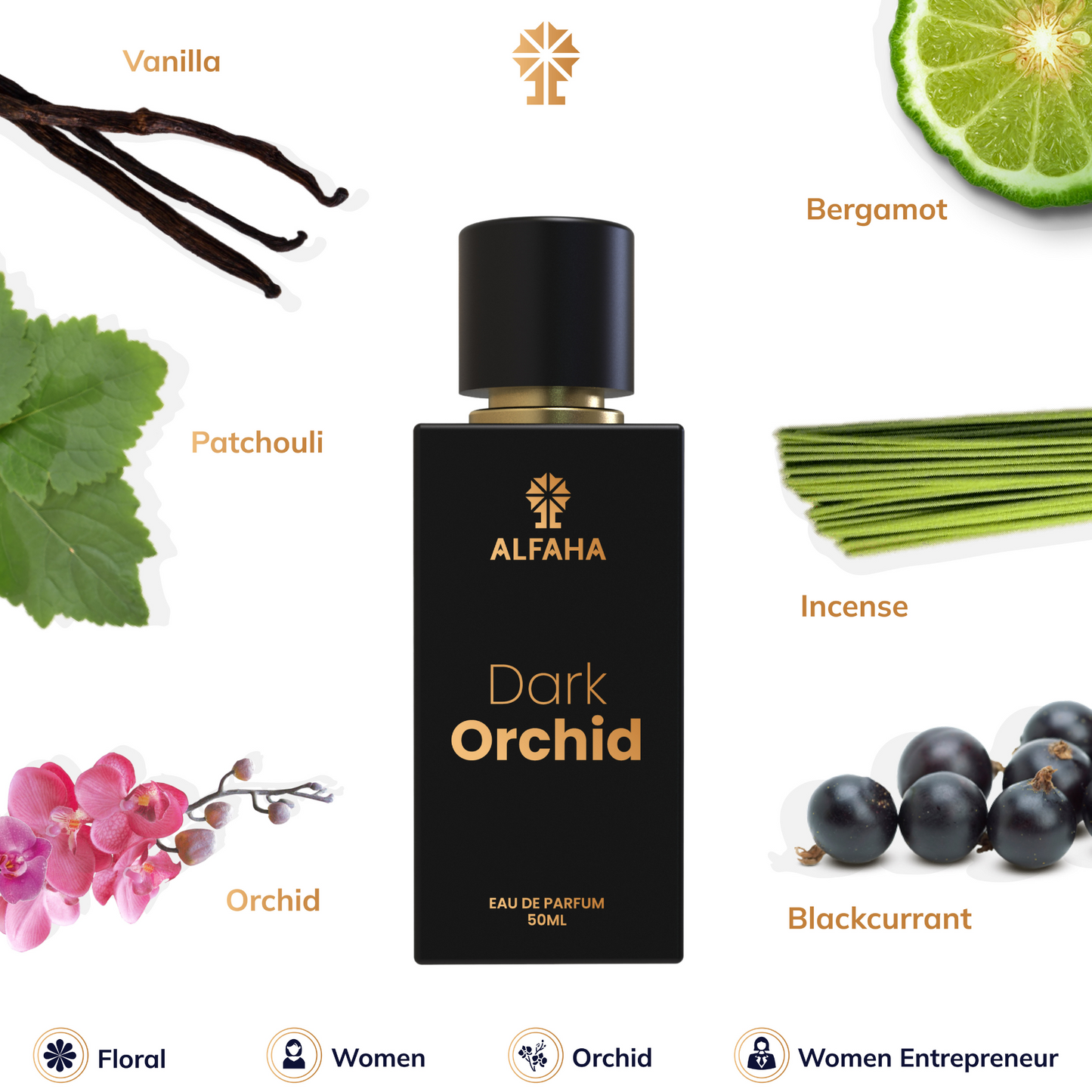 ALFAHA™ Dark Orchid – featuring bergamot and black currant top notes, a heart of exotic orchid and earthy patchouli and a rich base of sandalwood, Incense and vanilla for a refined, professional fragrance.