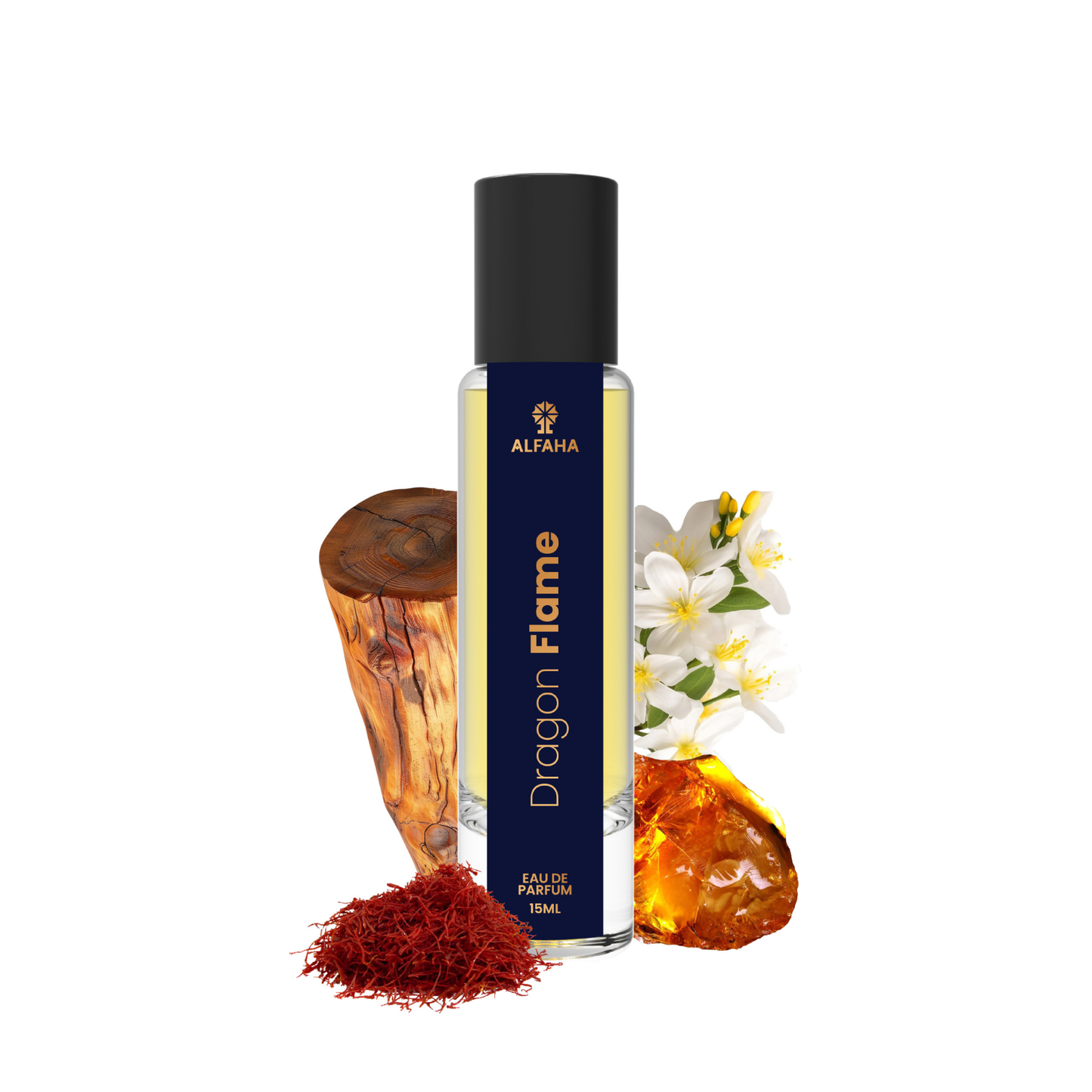 ALFAHA™ Dragon Flame Eau De Parfum 15ml bottle – a passionate fragrance for romantic occasions, with notes of Saffron, Jasmine, Ambergris, and Cedarwood.