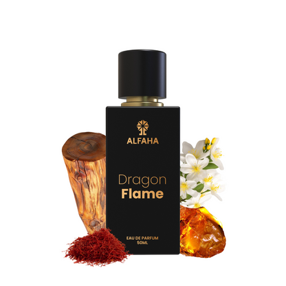 ALFAHA™ Dragon Flame Eau De Parfum 50ml bottle – a passionate fragrance for romantic occasions, with notes of Saffron, Jasmine, Ambergris, and Cedarwood.