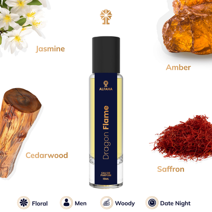 Dragon Flame scent profile – opens with bold Saffron, followed by Jasmine in the heart, and settles into a warm base of Ambergris and Cedarwood.