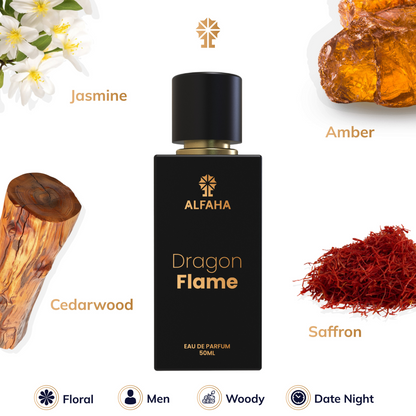 Dragon Flame scent profile – opens with bold Saffron, followed by Jasmine in the heart, and settles into a warm base of Ambergris and Cedarwood.