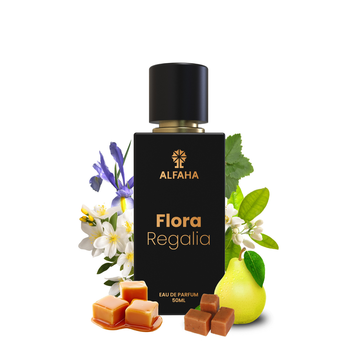 ALFAHA™ Flora Regalia Eau De Parfum 50ml bottle – a luxurious romantic fragrance for women, featuring sweet and floral notes with a rich, warm base for unforgettable evenings.