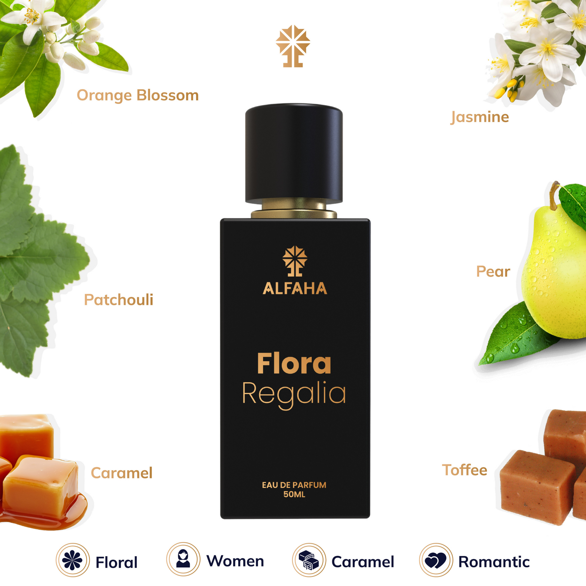 ALFAHA™ Flora Regalia – with top notes of pear, orange blossom, and blackberry, a heart of iris and jasmine, and a warm base of caramel, patchouli, and toffee for a seductive, romantic allure.