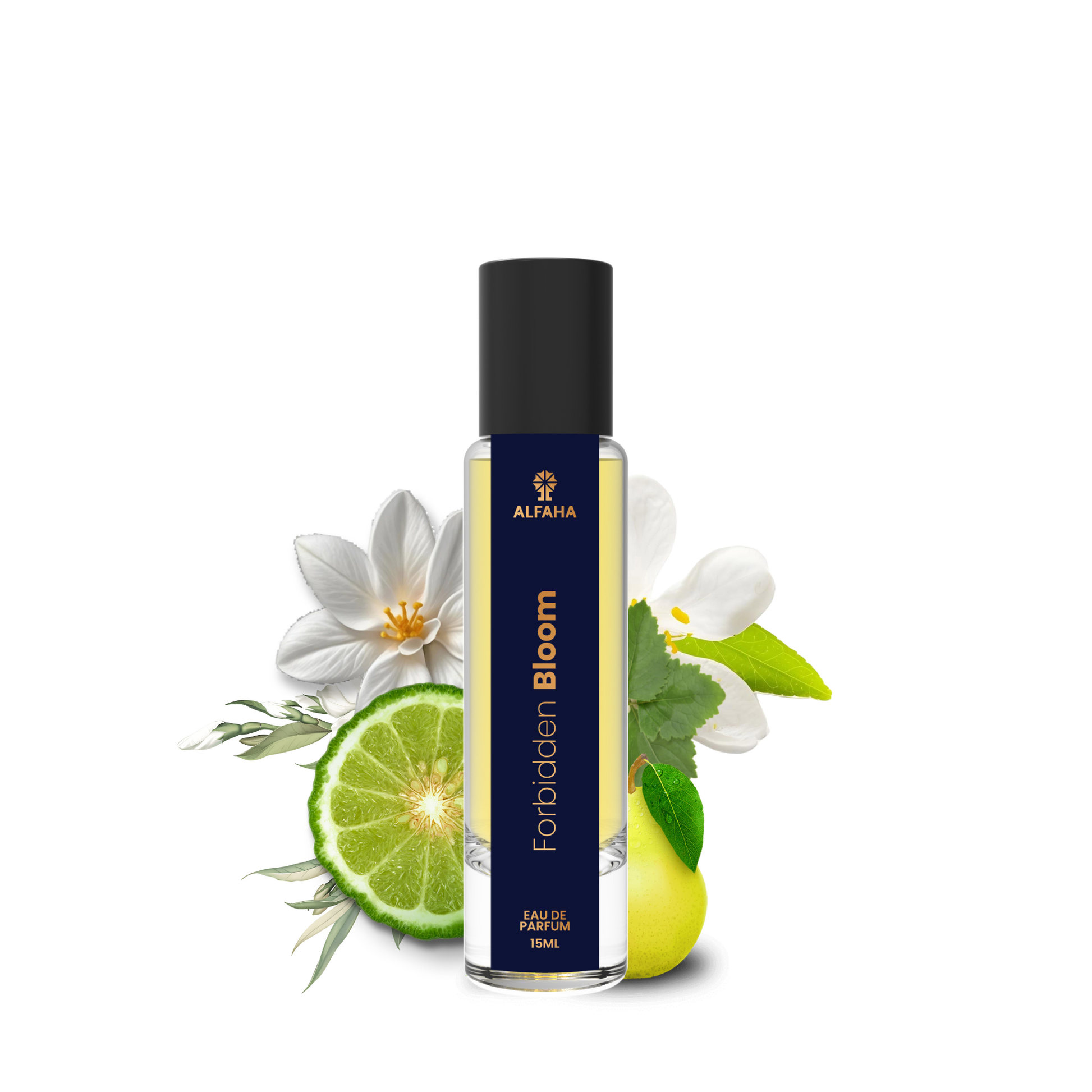 ALFAHA™ Forbidden Bloom Eau De Parfum 15ml bottle – a sophisticated fragrance for professional women, featuring a blend of fruity-floral and earthy notes for a powerful yet elegant office presence.