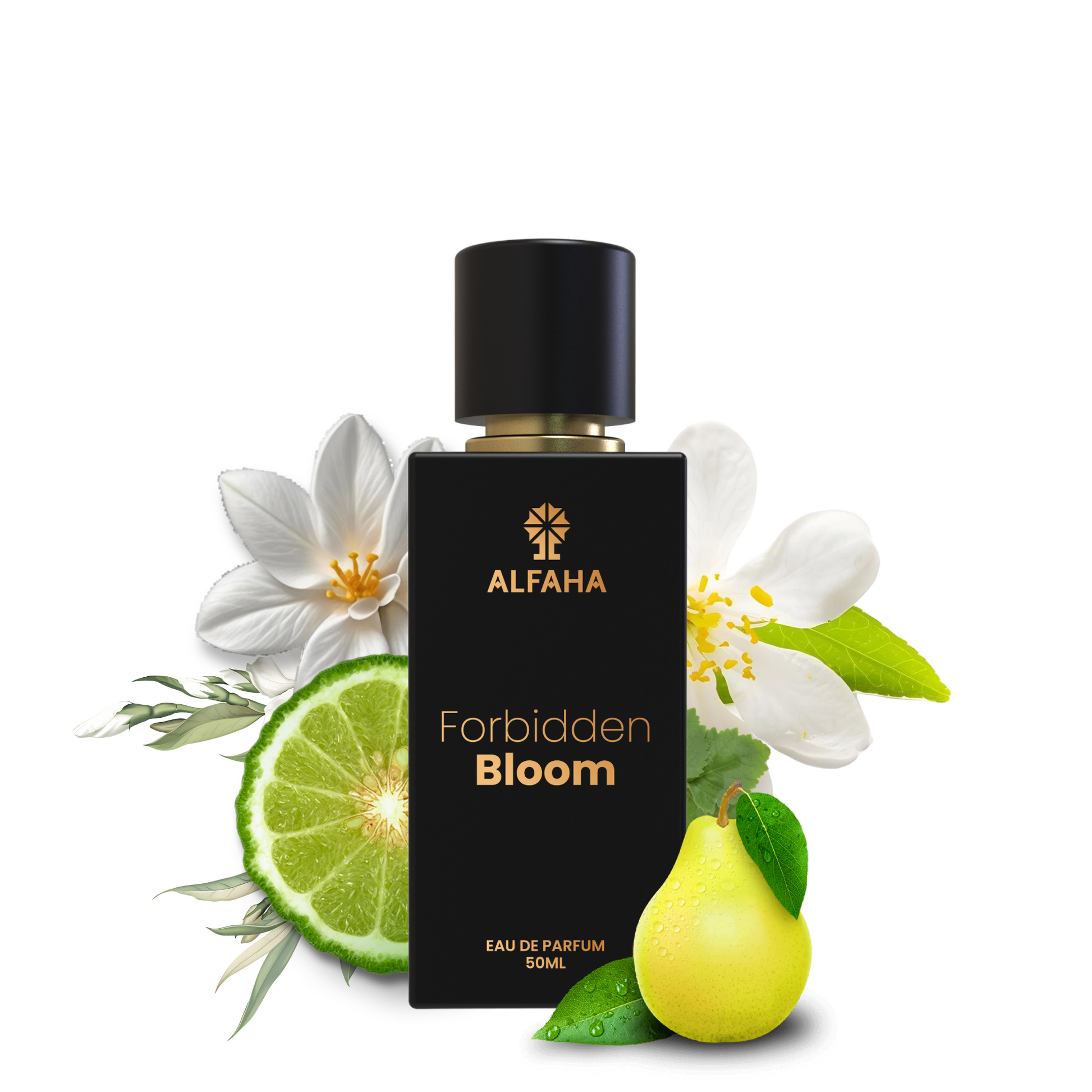 ALFAHA™ Forbidden Bloom Eau De Parfum 50ml bottle – a sophisticated fragrance for professional women, featuring a blend of fruity-floral and earthy notes for a powerful yet elegant office presence.