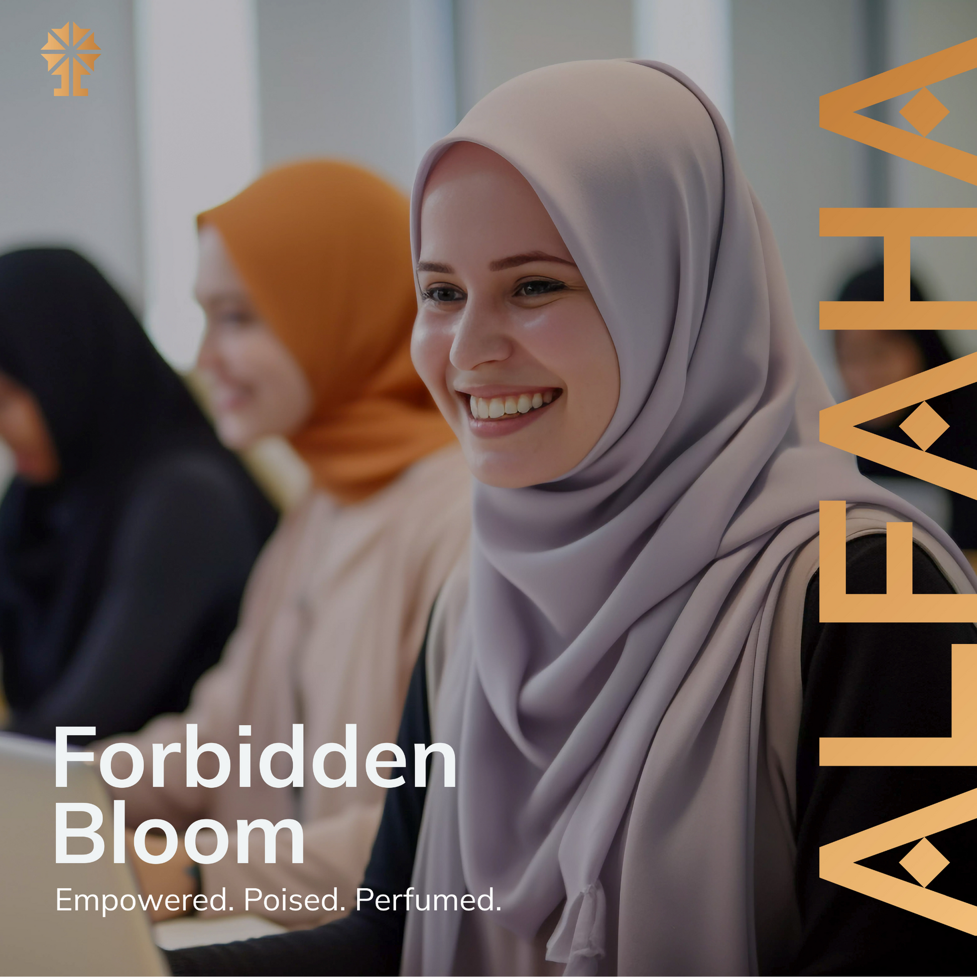 ALFAHA™ Forbidden Bloom in a chic office lifestyle setting, ideal for empowering business meetings and daily professional wear with its fruity-floral and earthy profile.