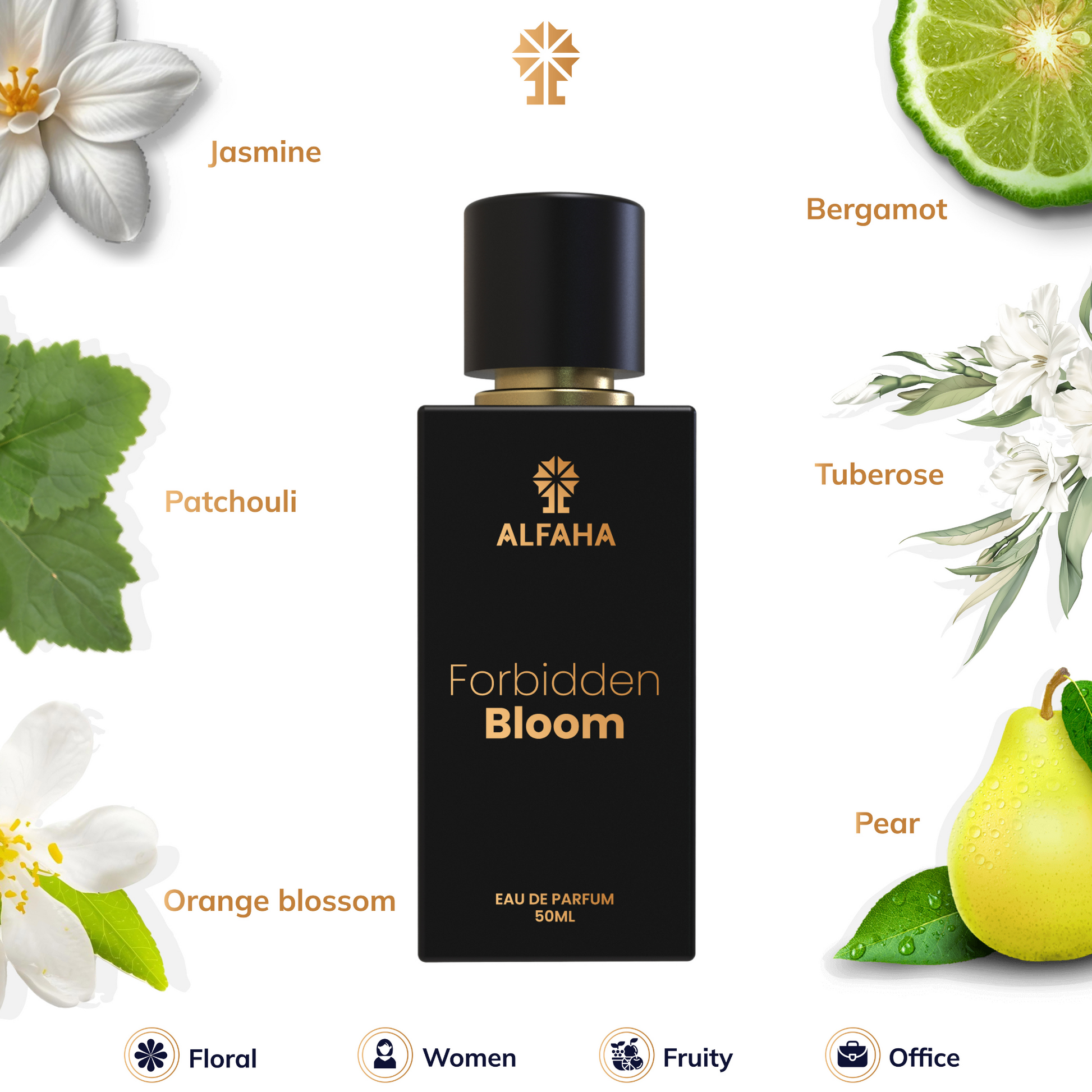 ALFAHA™ Forbidden Bloom – with top notes of orange blossom, bergamot, and pear, a floral heart of jasmine and tuberose, and a deep base of patchouli and vetiver for a refined, confident aura.