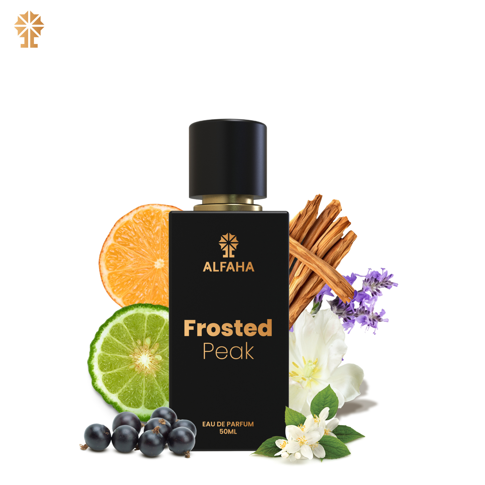 ALFAHA™ Frosted Peak Eau De Parfum 50ml bottle – a refreshing fragrance capturing the essence of adventure with aquatic notes and citrus for an invigorating experience.