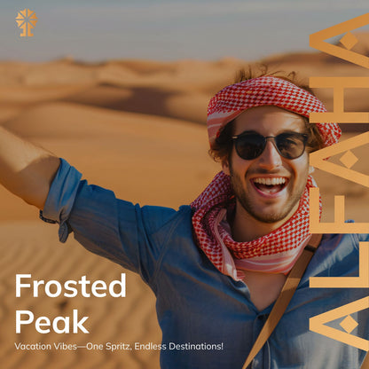 ALFAHA™ Frosted Peak in a scenic outdoor lifestyle setting, ideal for vacations and adventures, evoking freedom and exploration with its citrus and aquatic notes.