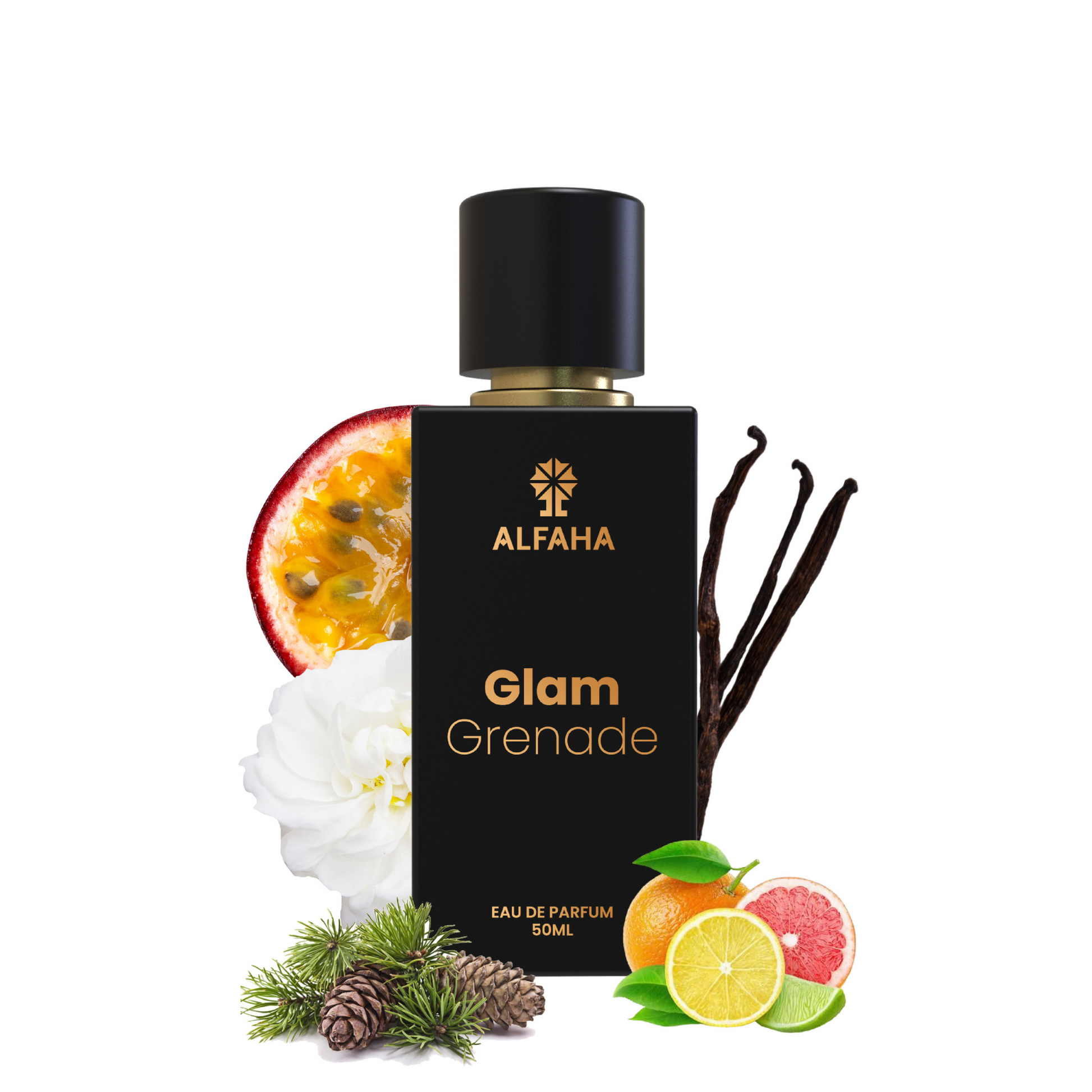 ALFAHA™ Glam Grenade Eau De Parfum 50ml bottle – a vibrant fragrance with fruity and floral notes, perfect for making a statement at celebrations and parties.