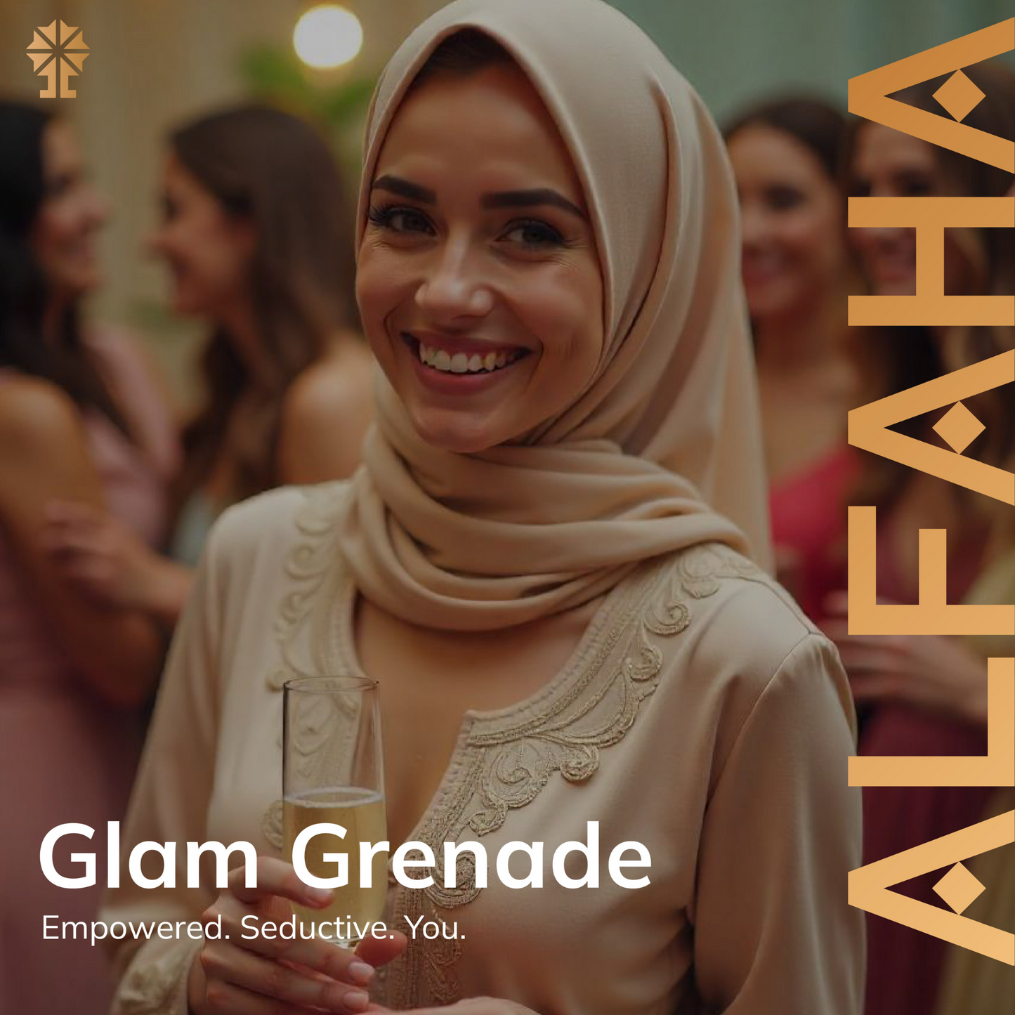 ALFAHA™ Glam Grenade showcased in a party setting, capturing the fragrance’s joyful and festive character for special events and unforgettable nights.