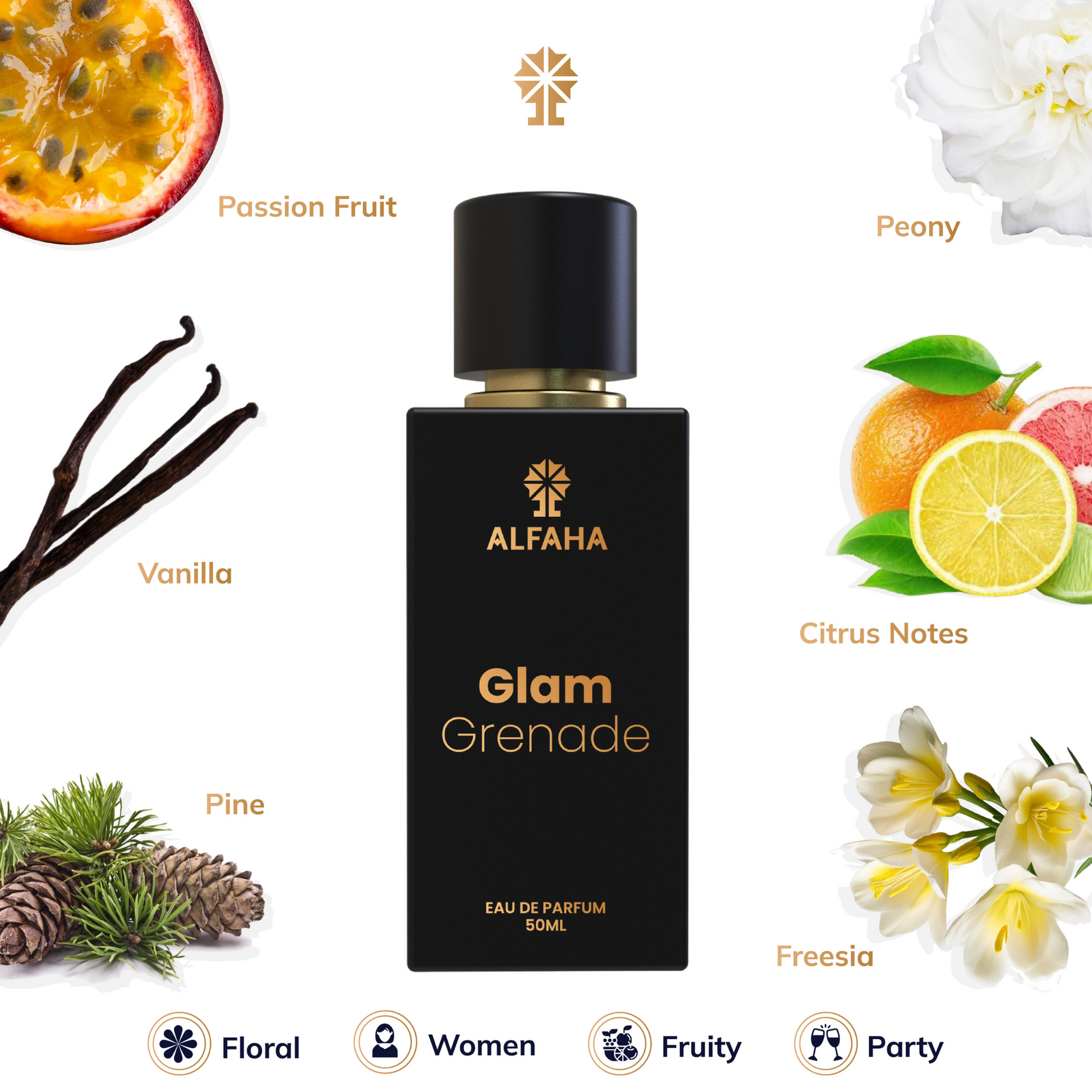 Glam Grenade scent profile – opens with lively Red Berries, Passion Fruit, Peony, and a hint of Bergamot and Lemon; reveals a heart of Freesia, Magnolia, Rose, Blackcurrant, and Peach; finishes with warm Amber, Cedarwood, Musk, and Oakmoss.