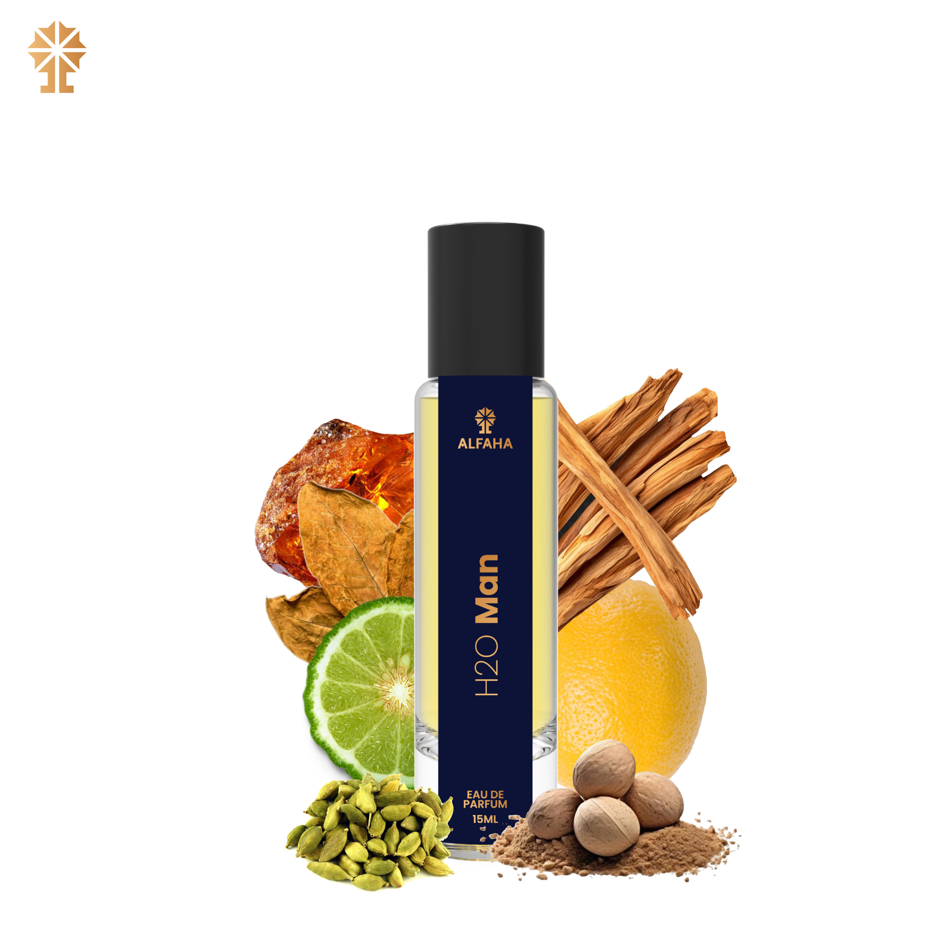 ALFAHA™ H2O Man Eau De Parfum 15ml bottle – a refreshing, oceanic fragrance for men, featuring notes of citrus, watery florals, and warm woods.