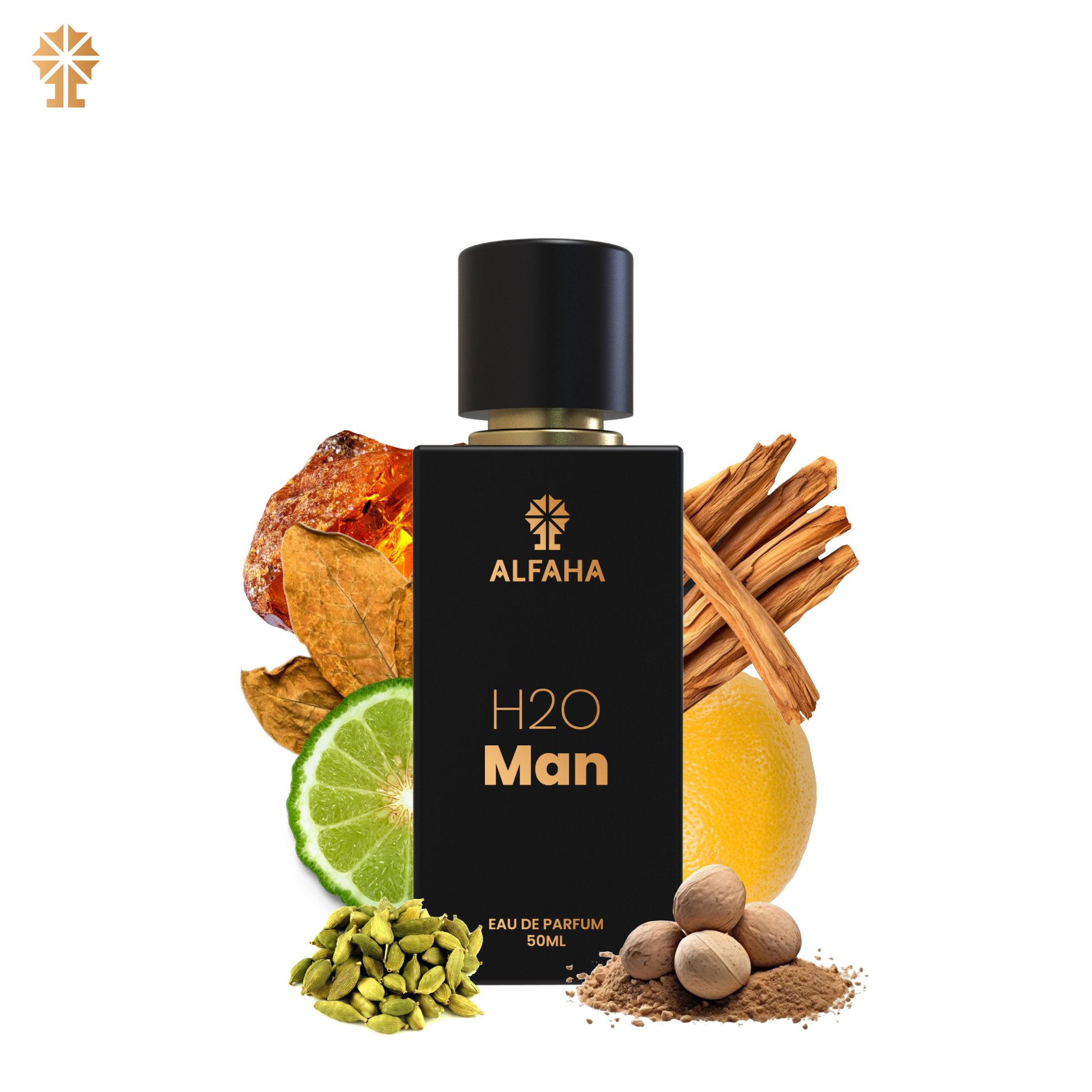 ALFAHA™ H2O Man Eau De Parfum 50ml bottle – a refreshing, oceanic fragrance for men, featuring notes of citrus, watery florals, and warm woods.