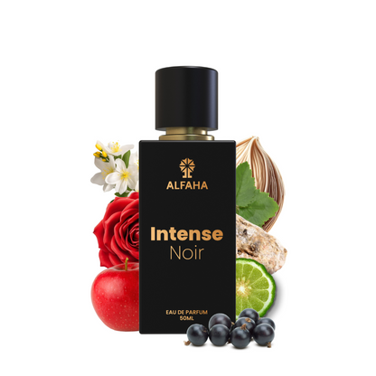 ALFAHA™ Intense Noir Eau De Parfum 50ml bottle – a bold, sophisticated fragrance for men, with notes of bergamot, jasmine, and rich woods.