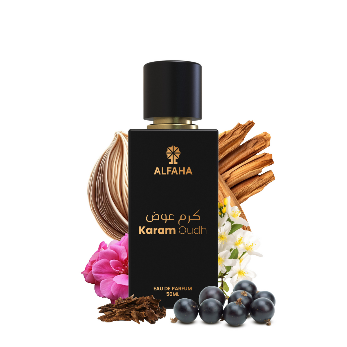 ALFAHA™ Karam Oudh Eau De Parfum 50ml bottle – a rich, luxurious fragrance for men, with notes of oudh, saffron, and warm woods.